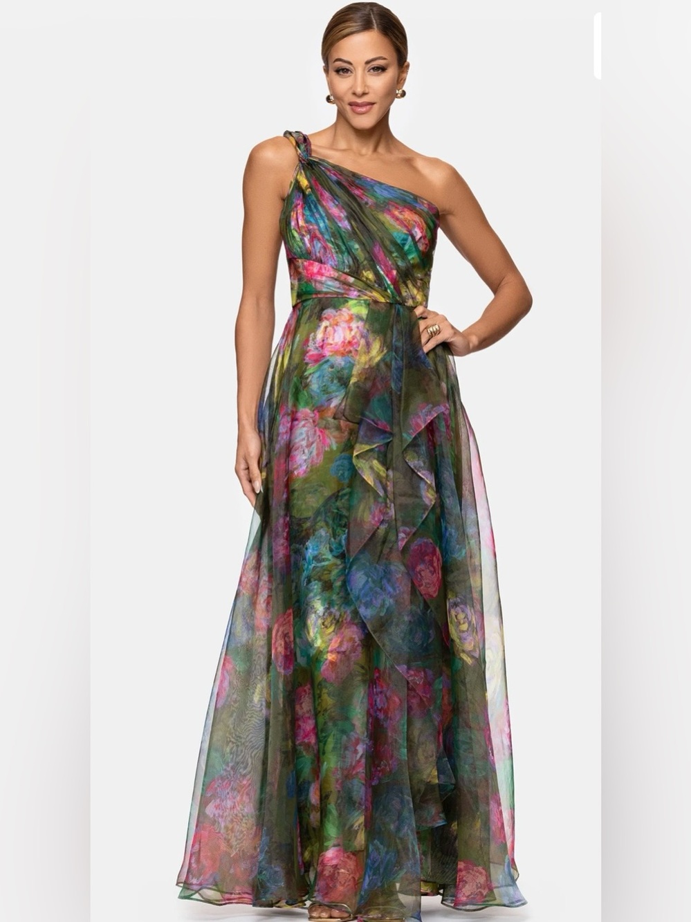 Xscape One-Shoulder Floral Maxi Dress in Green and Pink
